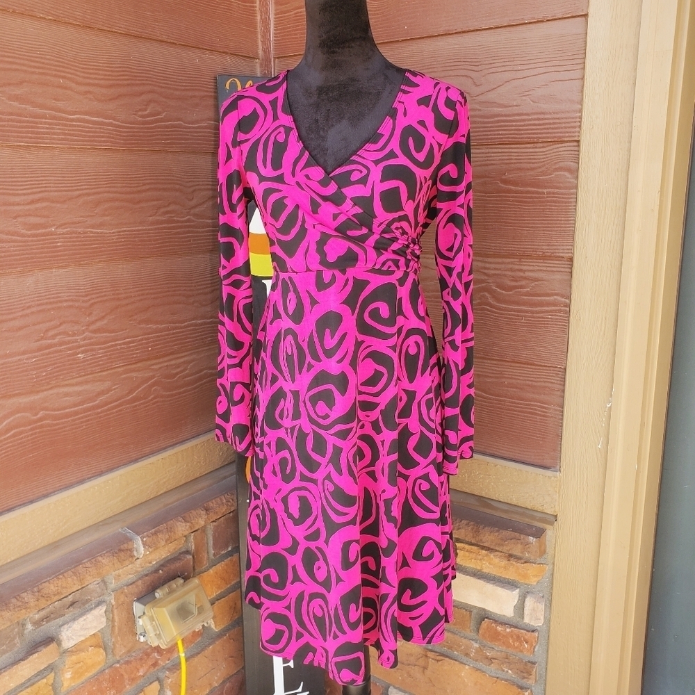 Motherhood Maternity Pink and Black Floral Surplice Long Sleeve Midi Dress